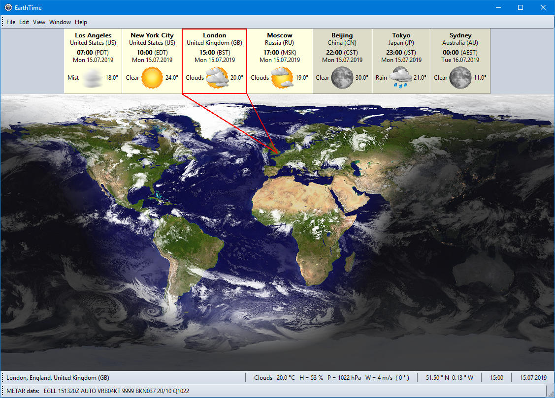 EarthTime displays the local time and date of any place in the world.
